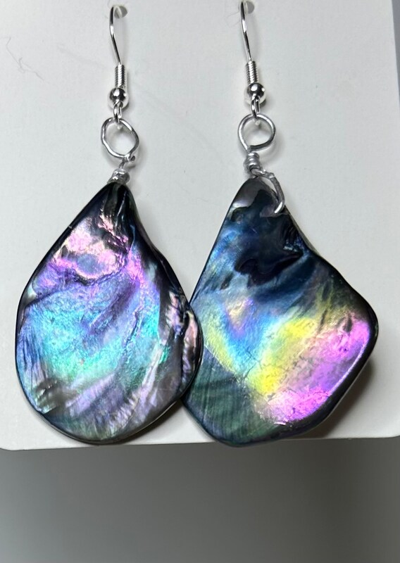 Large Mother of Pearl shell earrings - choice of rainbow multicolor, off-white, amber, blue, or green